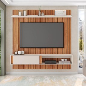 Painel TV 75 Pol 180cm Bancada Suspensa Ripado Eluni C01 - D'Rossi - Freijó/Off White
