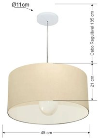 Lustre Pendente Cilíndrico Md-4203 Cúpula em Tecido 45x21cm Algodão Crú - Bivolt
