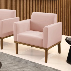 Poltrona Base de Madeira Fixa Castanho Marisa Veludo - Rose