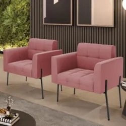 Poltrona Para Sala Pé Metal Preto Kit 2 Ana Suede Rosê - Ibiza