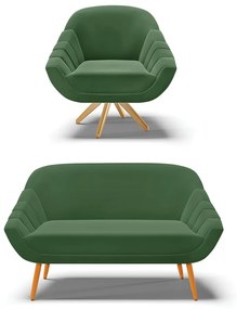 Kit 01 Namoradeira 02 Lugares e 01 Poltrona Giratória Giovana Suede Verde Base Madeira MA30 - D'Rossi