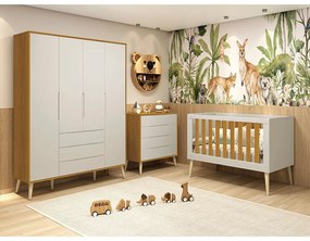 Kit Quarto Infantil com Pés Retrô Natural - Cômoda Elfe 4 Gavetas + Guarda-Roupa Elfe + Berço Mini Cama Noah - Areia Fosco e Savana