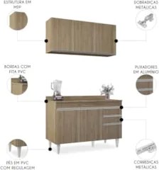 Armário Cozinha e Balcão Com Tampo 120cm Michigan Castanho  - Lumil