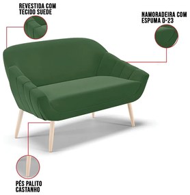 Kit 01 Namoradeira 02 Lugares e 01 Poltrona Giovana Suede Pés Palito Natural D01 - D'Rossi - Verde