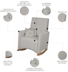 Poltrona Amamentação Base Madeira Balanço Lola Veludo Cinza F03 - Mpoz