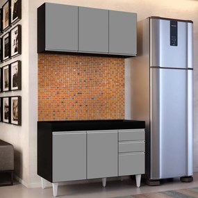 Kit Armário Aéreo e Balcão de Cozinha Lavanderia Dora sem Tampo 120 cm - D'Rossi - Preto e Cinza