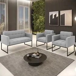 Sofá Namoradeira e 2 Poltronas Base Industrial Preto Ana Suede Cinza -
