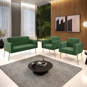 Sofá Namoradeira e 2 Poltronas Pé de Ferro Dourado Marisa Suede - Verde