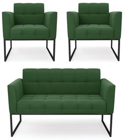 Kit 1 Sofá Namoradeira e 2 Poltronas Elisa Suede Base Metálica Industrial Preto - D'Rossi - Verde