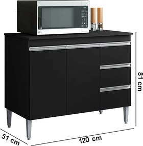 Balcão Cozinha com Tampo 120cm 3 Gavetas Leticia A01 - D'Rossi - Preto