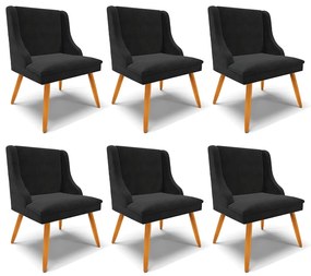 Kit 6 Cadeiras Decorativas Sala de Jantar Pés Palito de Madeira Firenze Suede Preto/Natural G19 - Gran Belo