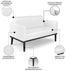Sofá Namoradeira Base Madeira Preto Maressa Sintético PU Branco - Ibiz