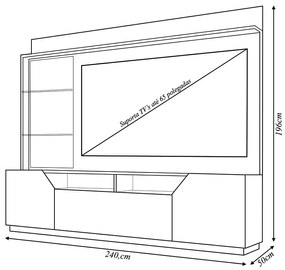 Home Theater Bruma 240cm com LED e Prateleiras em Vidro para TV até 65 MDP Off White/Freijo G11-  Gran Belo