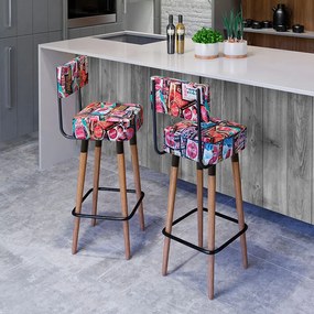 Banqueta Barcelona Pés Palito de Madeira Suede Estampado Cola - Sheep Estofados - Colorido
