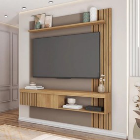 Painel Selina Ripado 150cm para TV até 55 com Porta de Correr e Prateleira MDP Buriti/Fendi G11 - Gran Belo