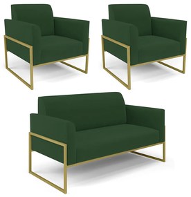 Sofá Namoradeira com 2 Poltronas Base Industrial Alta Dourado Marisa Veludo D03 - D'Rossi - Verde