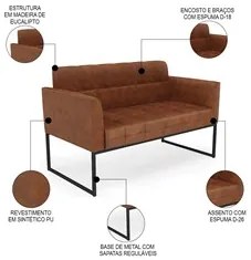 Sofá Namoradeira e 2 Poltronas Base Industrial Preto Ana Sintético PU
