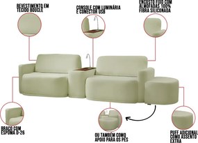 Sofá Sala Modulado 279cm com Puff Console USB Luminária Brumma Bouclê K01 - D'Rossi - Verde