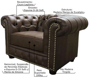 Poltrona Sala de Estar Chesterfield com Pés Madeira Couro Marrom G40 - Gran Belo