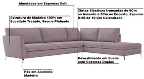 Sofá de Canto Chaise Direito 307 cm Olívia Suede Rosê G52 - Gran Belo