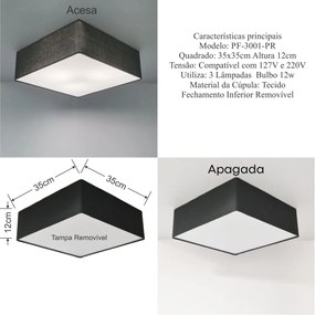 Plafon Quadrado Md-3001 Cúpula em Tecido 35x35x12cm Preto - Bivolt
