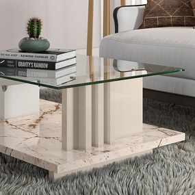 Mesa de Centro Para Sala Ripado Tampo de Vidro Mirezi M20 - D'Rossi - Calacata e Off White