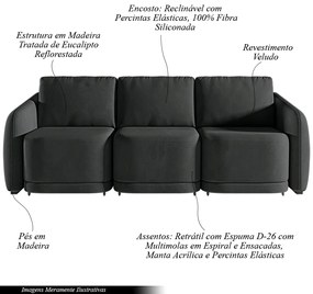 Sofá Cama Modulado Retrátil e Reclinável Decorativo Varsóvia 246cm Veludo Cinza Chumbo G33 - Gran Belo