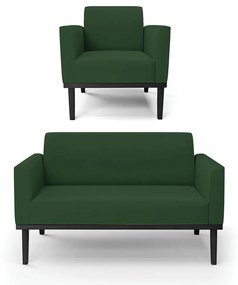 Conjunto Poltrona e Namoradeira Decorativa Isabella Pés Fixo em Madeira Preto Veludo Verde Esmeralda G19 - Gran Belo