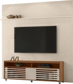 Painel TV 75 Pol 238cm Ripado Kalven com Rack Bancada Nerion M20 - D'Rossi - Naturale(fosco)/Off White(brilho)