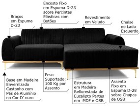 Sofá 3 Lugares Bipartido com Chaise Lado Esquerdo Base de Madeira Euro 230 cm Veludo Preto G15 - Gran Belo