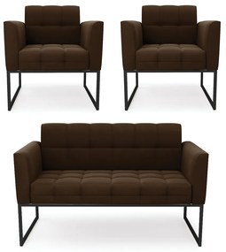 Kit 1 Sofá Namoradeira e 2 Poltronas Elisa Suede Marrom Base Metálica Industrial Preto - D'Rossi