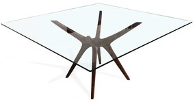 Mesa de Jantar Palito Quadrada Tampo de Vidro Base Eucalipto Design Retrô
