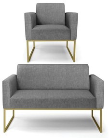 Sofá Namoradeira com Poltrona Base Industrial Dourado Marisa Linho Grafite A26 D03 - D'Rossi