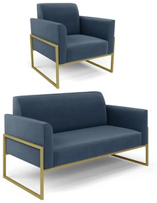 Sofá Namoradeira com Poltrona Base Industrial Alta Dourado Marisa Suede D03 - D'Rossi - Azul Marinho