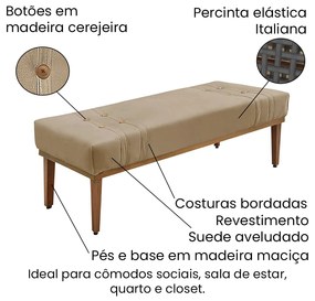 Divã Recamier Banco Base Madeira para Quarto Gênova 140cm Suede Bege S04 - D'Rossi