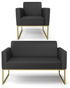 Sofá Namoradeira com Poltrona Base Industrial Dourado Marisa Corino D03 - D'Rossi - Preto