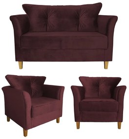 Kit Sofá Namoradeira + 2 Poltronas Ibis Decorativa Suede Bordô