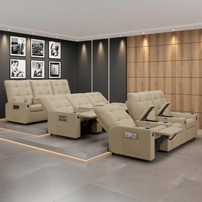 Poltrona do Papai Reclinável Sala de Cinema Movie 3 Lugares Manual Baú USB Linho Bege