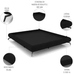 Cama Casal Base Box 138x188cm Pés de Ferro Cold Z37 Veludo Preto - Mpo