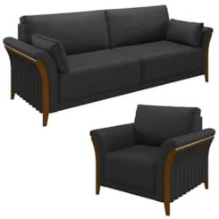 Kit Sofá Living 3 Lugares e Poltrona 102cm Pés Madeira Roya Z32 PU Pre