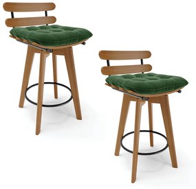 Kit 02 Banquetas Giratória Costela Suede Verde Base Madeira MA70 - D'Rossi