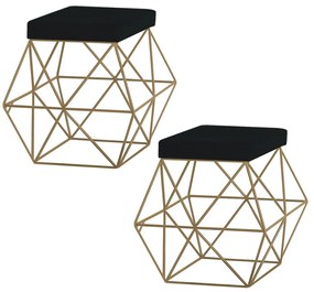 Kit 2 Puffs Decorativo Sala de Estar Base Gold Trixie Suede Preto G41 - Gran Belo