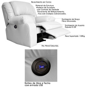 Poltrona do Papai Reclinável Elétrica com Entrada USB Magnum PU Sintético Branco G23 - Gran Belo
