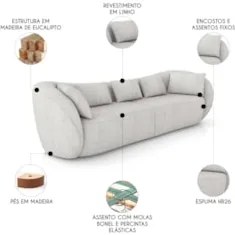 Sofá 4 Lugares 292cm Orgânico Pé Madeira Yume Linho Gelo Z55 - Mpozena