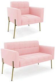 Sofá Namoradeira e Poltrona Pé de Ferro Dourado Elisa Suede D03 - D'Rossi - Rosa Bebê