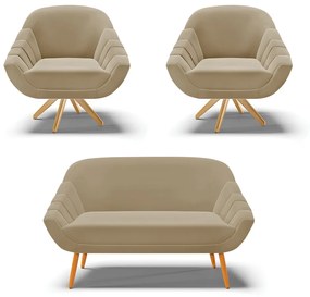 Kit 01 Namoradeira 02 Lugares e 02 Poltronas Giratória Giovana Suede Marrom Rato Base Madeira MA30 - D'Rossi