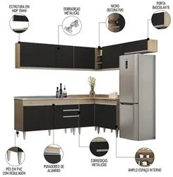 Armário de Cozinha Modulado de Canto 7 Peças CP24 com Pia Inox Castanh