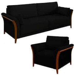 Kit Sofá Living 3 Lugares e Poltrona 102cm Pés Madeira Roya Z32 Veludo