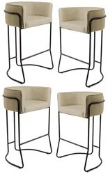 Kit 4 Banquetas Decorativas Base Aço Preto Betina C-129 Linho Bege Lã