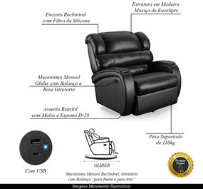 Poltrona do Papai Sala de Cinema Reclinável Kylie Glider Manual Giratória USB PU Preto Brilho G23